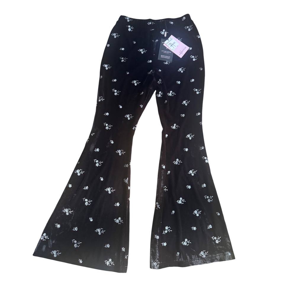 Avec Les Filles Black Velvet Floral Flare Bell Bottom Pants Size S - Picture 2 of 9